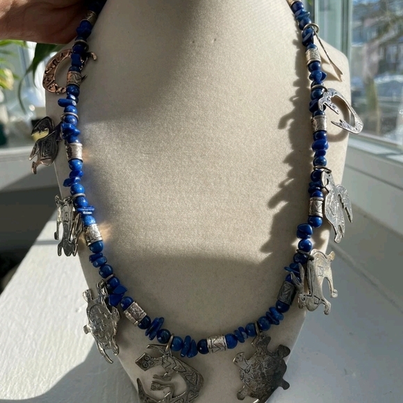 Blue Beaded Silver Charm Necklace - Women Jewelry